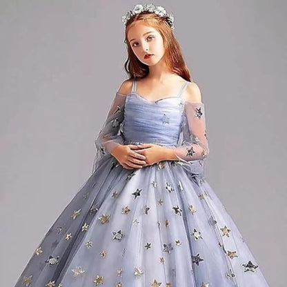 Elegant Long Princess Gown with Tulle Sleeves and a Skirt with Stars for Girls