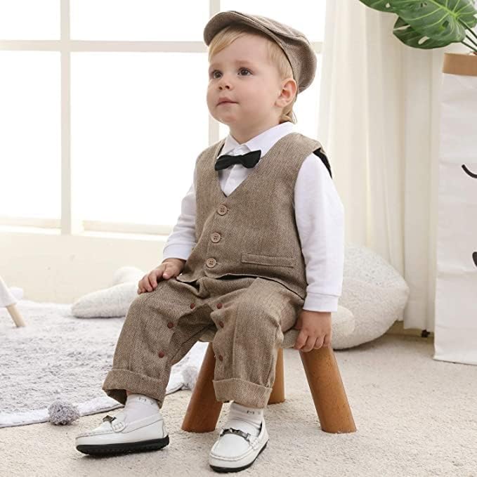 Baby Boys Gentleman Suit Long Sleeve Romper+ Bow Tie +Vest+Suspenders+ Beret Hat