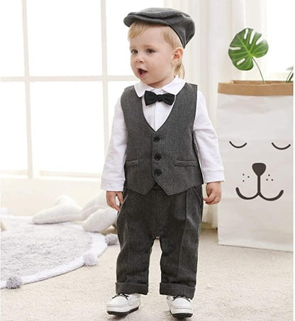 Baby Boys Gentleman Suit Long Sleeve Romper+ Bow Tie +Vest+Suspenders+ Beret Hat