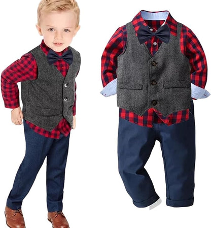 Toddlers Boys Long Plaid Sleeve Shirt + Jeans + Suspenders & Bow Tie