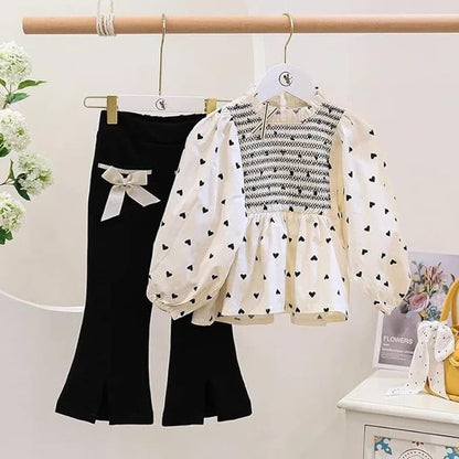 Back to School Puffy Long Sleeves Hearts Printed Shirt + Bell Pants
