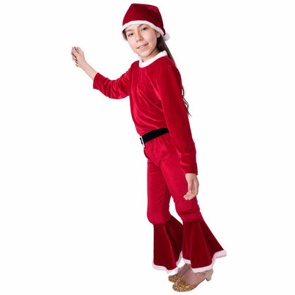 Girls' Santa-Inspired Christmas Outfit – Velvet Top and Flared Pants with Hat G0072