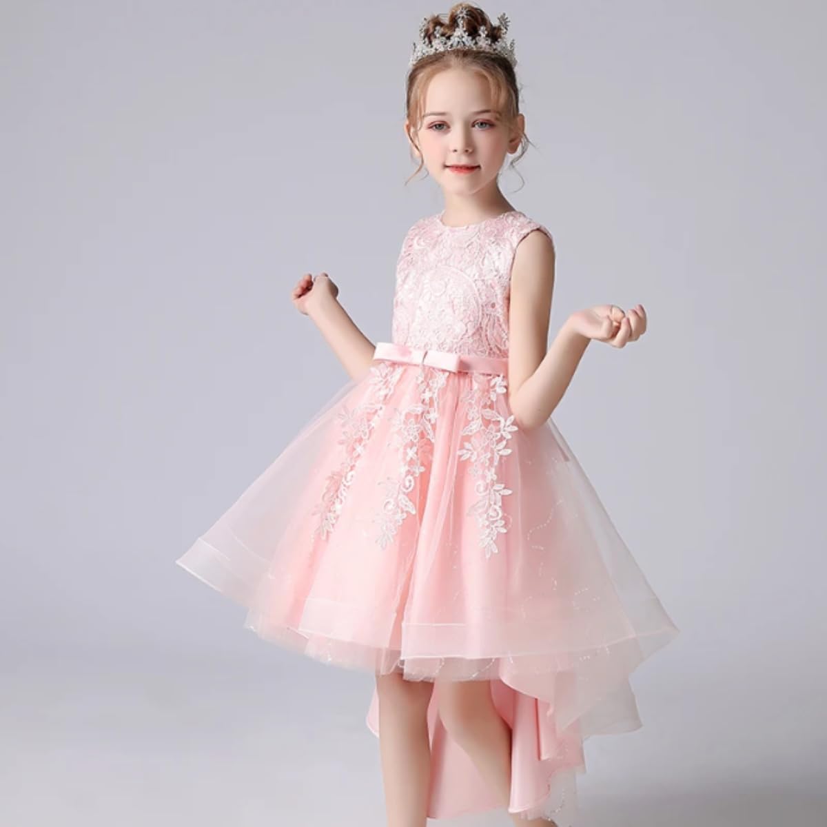 Princess Girl's Dress with Lace and Floral Embroidery