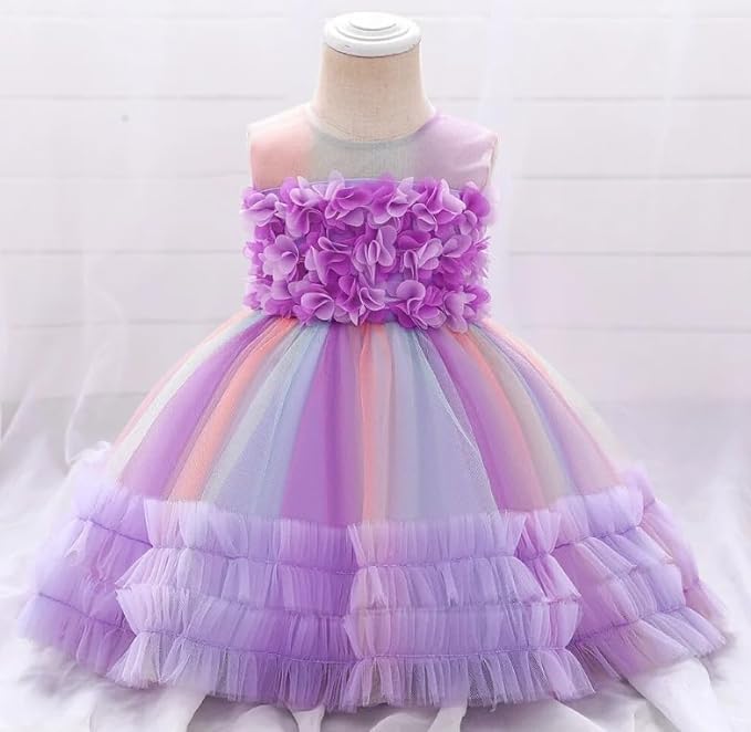 Rainbow Tutu Skirt Dress with Flower Application for Babies and Toddlers
