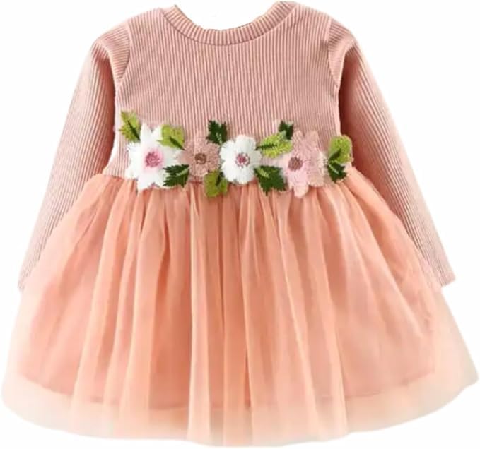 Long Sleeve Cotton Dress with Tulle Skirt and Embroidered Flowers