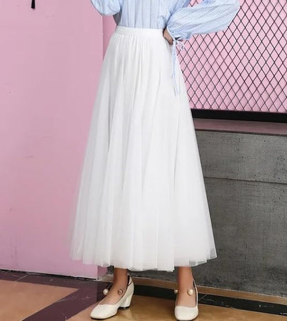 Women's Layered Tulle Skirts A-Line Mesh Midi Lenght Elegant Party