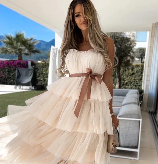 Women's Elegant Strapless Tiered Tulle Dress