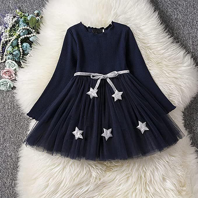 Long Sleeve Dress with Tulle Skirt and Silver Stars for Girls