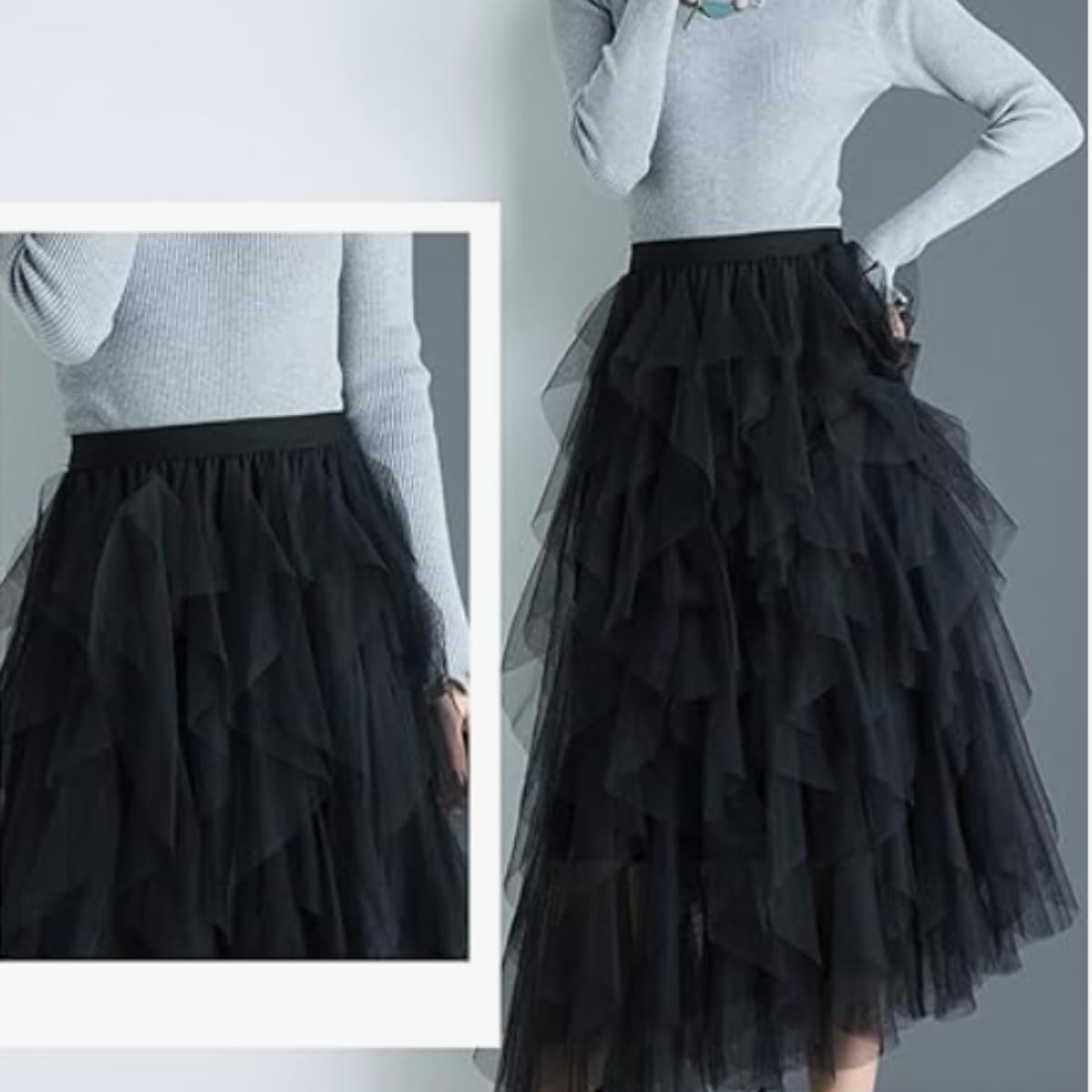 Women's Ruffled mesh Pleated midi Skirt, Elasticated high Waist