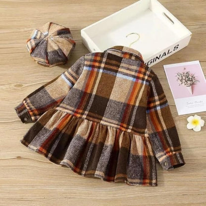 Brown Plaid Dress with Beret for Winter and Thanksgiving