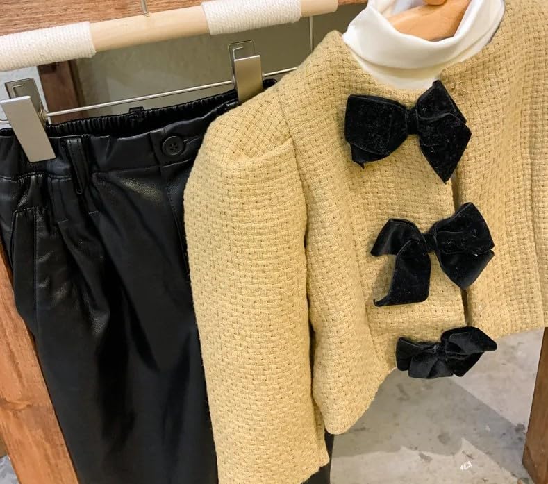 Girls' Stylish Tweed Jacket with Velvet Bows+ Pants Sets