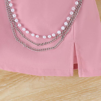 Baby and Toddler Girl Flying Sleeve Top and Skirt Pearl Chain 2 pieces Set