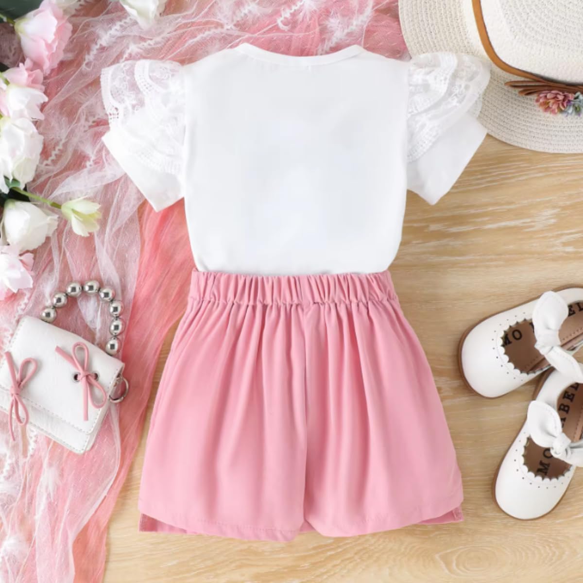 Baby and Toddler Girl Flying Sleeve Top and Skirt Pearl Chain 2 pieces Set