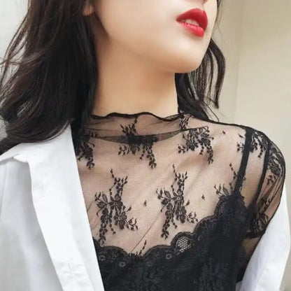 Women's Long Sleeve Turtleneck Lace Mesh Shirt Elegant Occasion