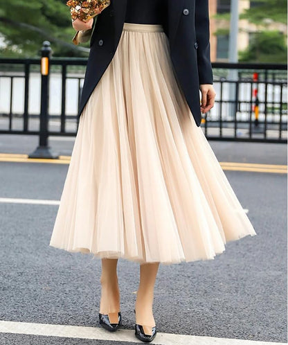 Women's Layered Tulle Skirts A-Line Mesh Midi Lenght Elegant Party