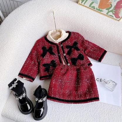 Fall Outfit - Girls Set Long Sleeve Patchwork Jacket + Plaid Skirt