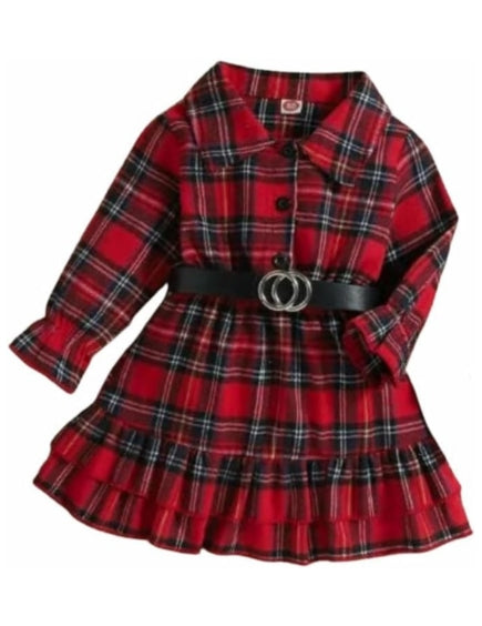 Red Plaid Dress with Belt for Little Girls - Fall Dresses