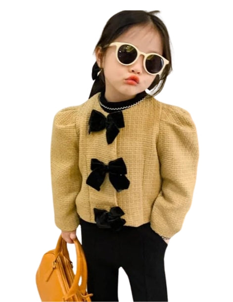 Girls' Stylish Tweed Jacket with Velvet Bows+ Pants Sets