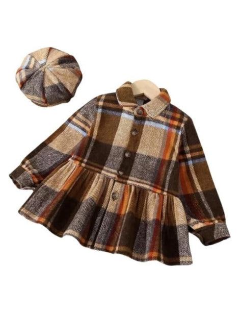 Brown Plaid Dress with Beret for Winter and Thanksgiving