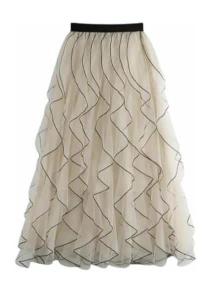 Women's Ruffled mesh Pleated midi Skirt, Elasticated high Waist