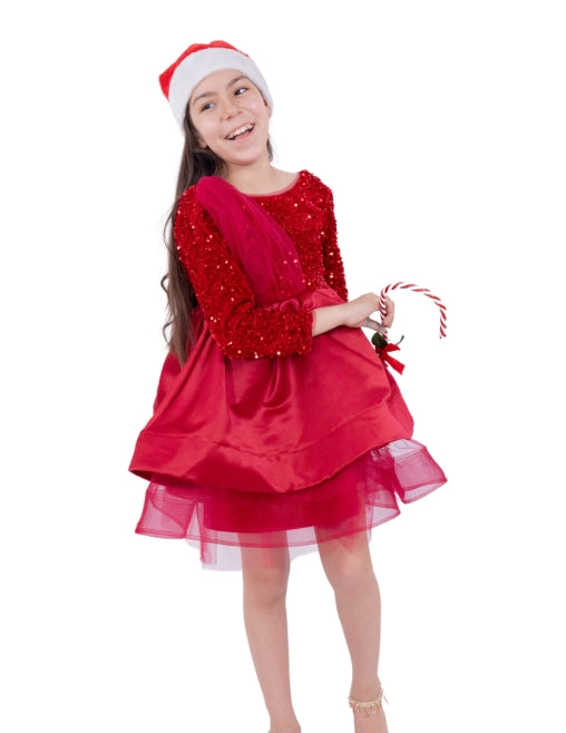 Girls Satin Dress with Long Sleeves and Sequins - G0061