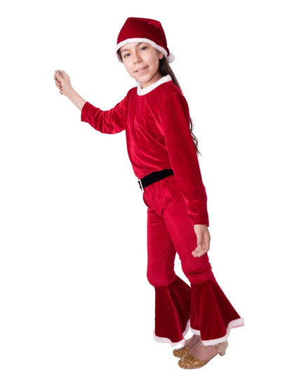 Girls' Santa-Inspired Christmas Outfit – Velvet Top and Flared Pants with Hat G0072