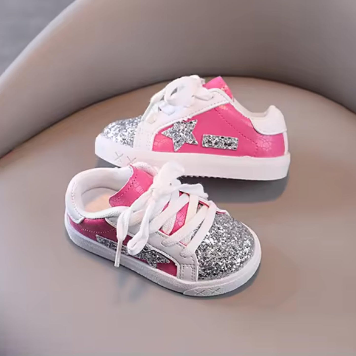 Little Girl's Glitter Sneakers - Back to School Shoes Stars Design