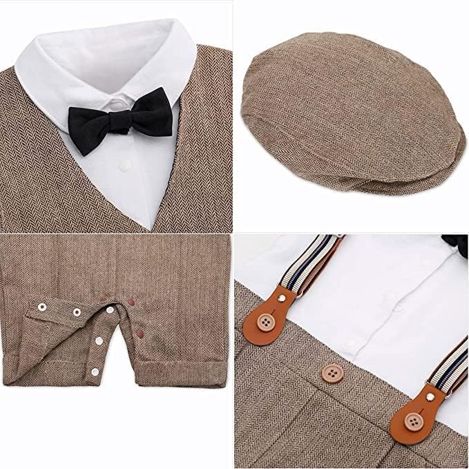 Baby Boys Gentleman Suit Long Sleeve Romper+ Bow Tie +Vest+Suspenders+ Beret Hat