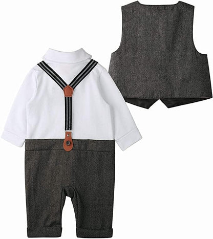 Baby Boys Gentleman Suit Long Sleeve Romper+ Bow Tie +Vest+Suspenders+ Beret Hat