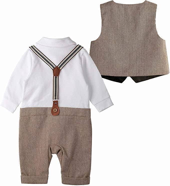 Baby Boys Gentleman Suit Long Sleeve Romper+ Bow Tie +Vest+Suspenders+ Beret Hat