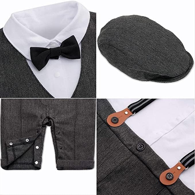 Baby Boys Gentleman Suit Long Sleeve Romper+ Bow Tie +Vest+Suspenders+ Beret Hat