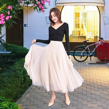 Women's Layered Tulle Skirts A-Line Mesh Midi Lenght Elegant Party