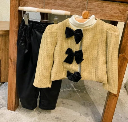 Girls' Stylish Tweed Jacket with Velvet Bows+ Pants Sets