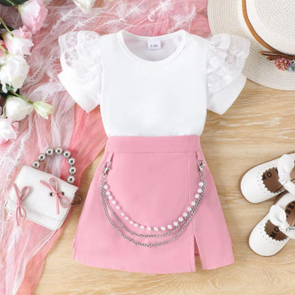 Baby and Toddler Girl Flying Sleeve Top and Skirt Pearl Chain 2 pieces Set