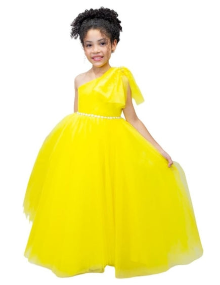 One Shoulder Long Tulle Princess Dress with Bow