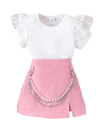 Baby and Toddler Girl Flying Sleeve Top and Skirt Pearl Chain 2 pieces Set