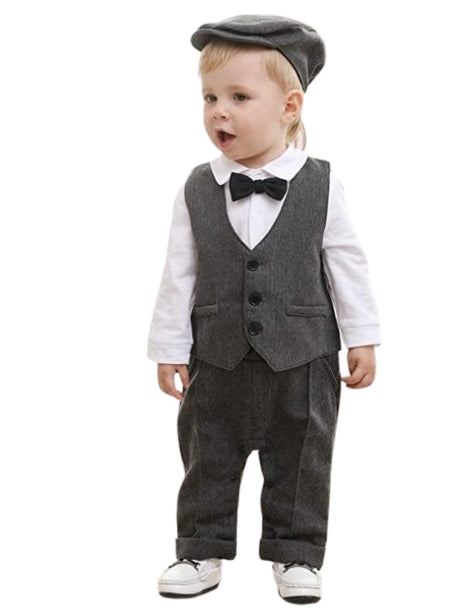 Baby Boys Gentleman Suit Long Sleeve Romper+ Bow Tie +Vest+Suspenders+ Beret Hat