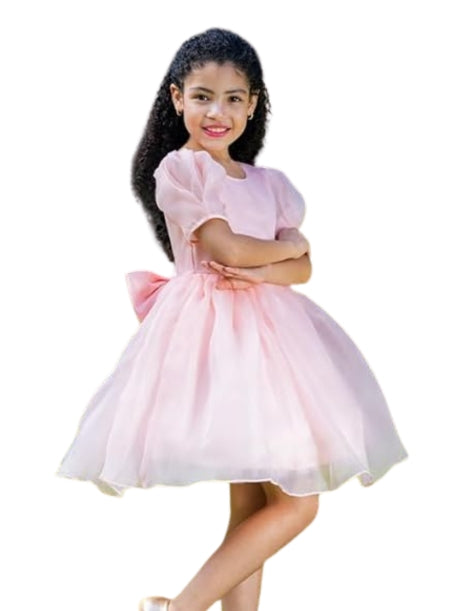 Flower girl's satin dress with puffed sleeves