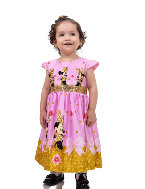 Girl's Pink Minnie Mouse Themed Dress Knee-Lenght