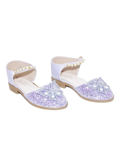 Girls' Shoes with Glitter, Pearls and Butterfly Applique - S0046