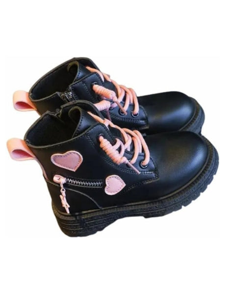 Little Girls Winter Boots Soft Sole Side Zip Heart Design Combat Boots - S0055