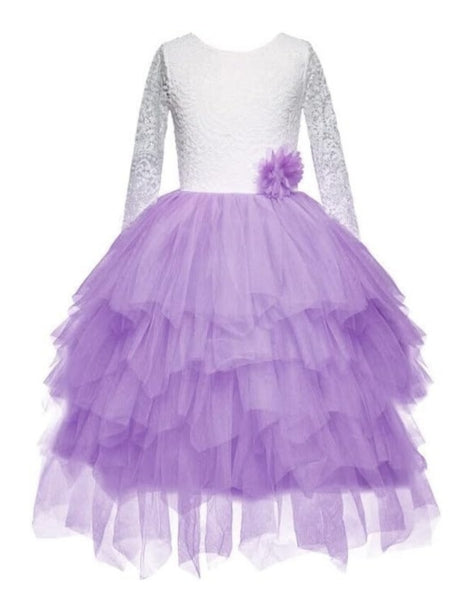 Long Sleeve lace Dress with Layered Tulle Skirt for Girls