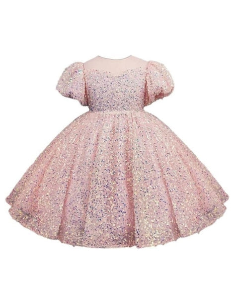 Beautiful Pink Sequined Dress with Princess Cut and Bow at The Back