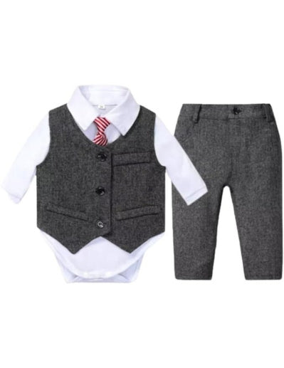 Newborn Boys Wool Set Vest + Pants + Jumpsuit Dress Shirt & Striped Tie