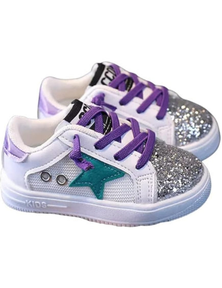 Little Girl's Glitter Sneakers - Back to School Shoes Stars Design