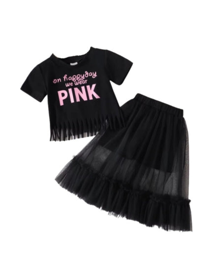 Girls Letter Printed T-shirt Black Mesh Skirt Set