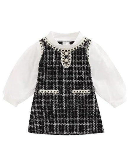 Toddler's Plaid Dress Long Sleeves White T-Shirt Pearls Buttom