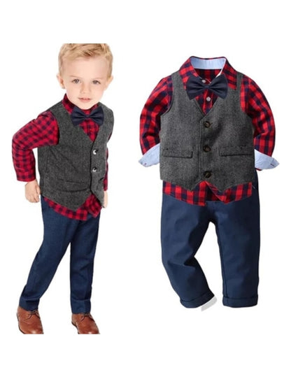 Toddlers Boys Long Plaid Sleeve Shirt + Jeans + Suspenders & Bow Tie