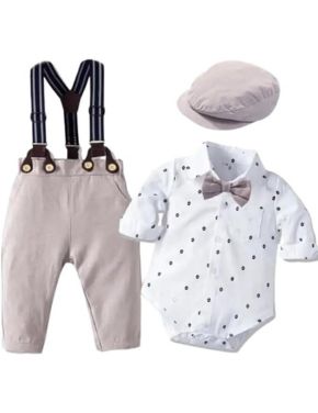 Baby Boy Bodysuit Set | White & Navy Blue Shirt + Suspenders + Pants + Beret Hat