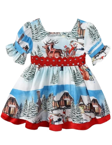 Christmas Dress for Girls with Delicate North Pole Print and red Bow